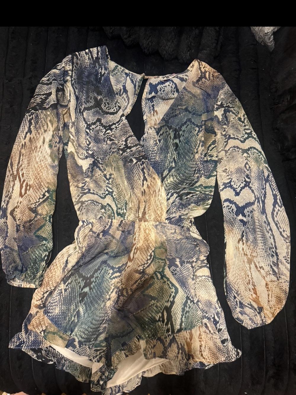 Show Me Your Mumu Snakeskin Print Romper Size Small Long Sleeve Ruffle